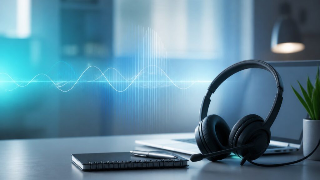 Modern desk with headset and abstract blue voice waveform visualization for AI voice agents