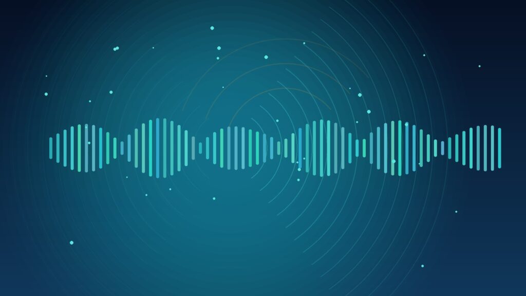 Abstract teal and amber sound-wave arcs and waveform bars on a dark navy professional background