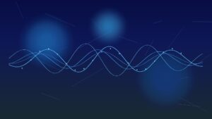 Abstract night-office tech scene with soft blue voice waveforms and phone-line light trails suggesting after-hours AI voice coverage