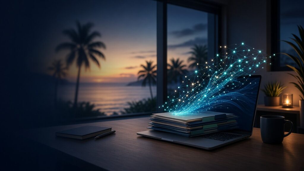 Abstract teal neural network rising from organized business folders on a laptop at a coastal office at dusk, representing custom AI model training on company data