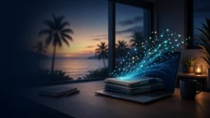 Abstract teal neural network rising from organized business folders on a laptop at a coastal office at dusk, representing custom AI model training on company data