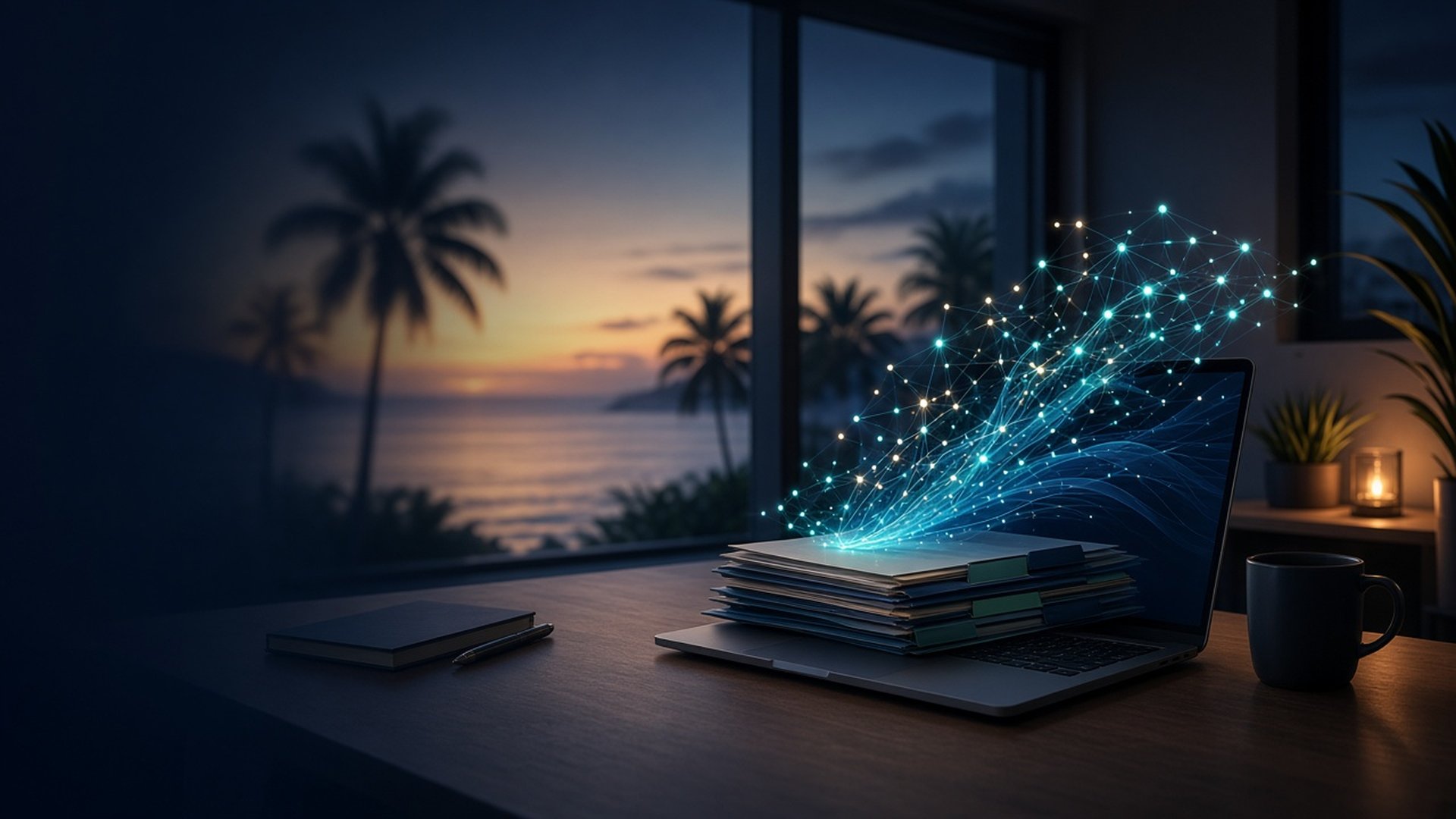 Abstract teal neural network rising from organized business folders on a laptop at a coastal office at dusk, representing custom AI model training on company data