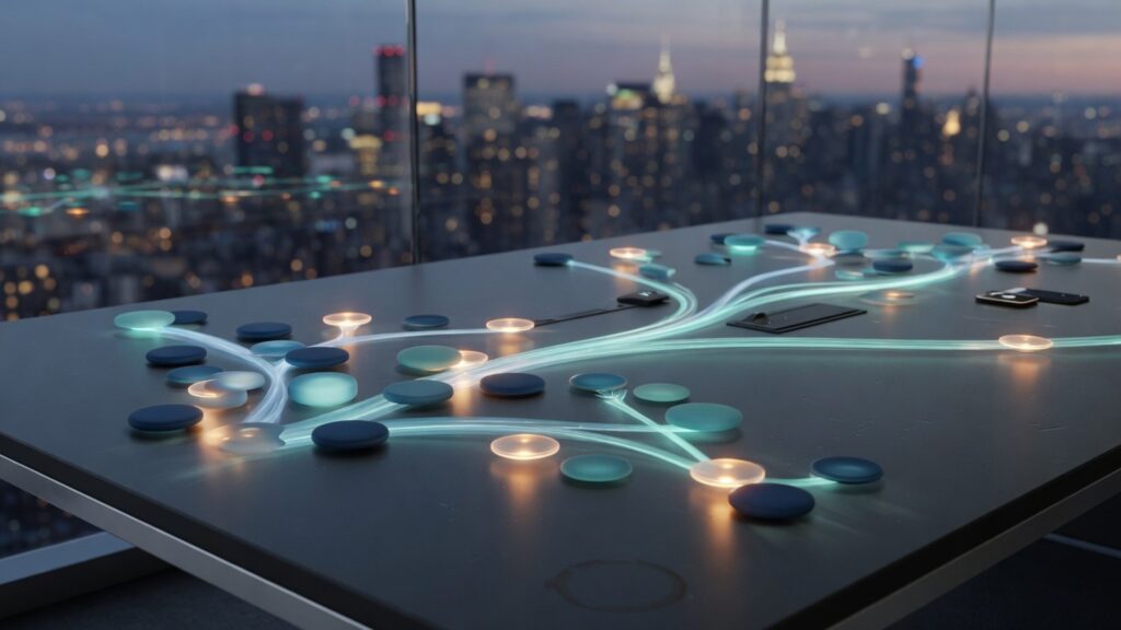 Abstract navy and teal automation workflow nodes connected by light paths across a modern operations desk — no people, logos, or text