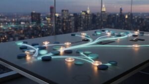 Abstract navy and teal automation workflow nodes connected by light paths across a modern operations desk — no people, logos, or text