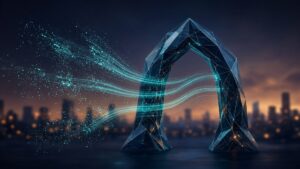 Abstract navy and teal crystalline gateway arch with light streams breaking into particles over a dusk city skyline, representing a Citrix NetScaler denial of service