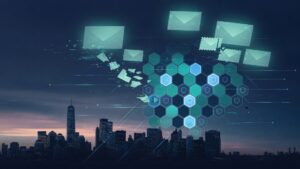 Abstract navy and teal mail security lattice with soft envelope shapes and light paths over a muted dusk skyline — no people, logos, or text