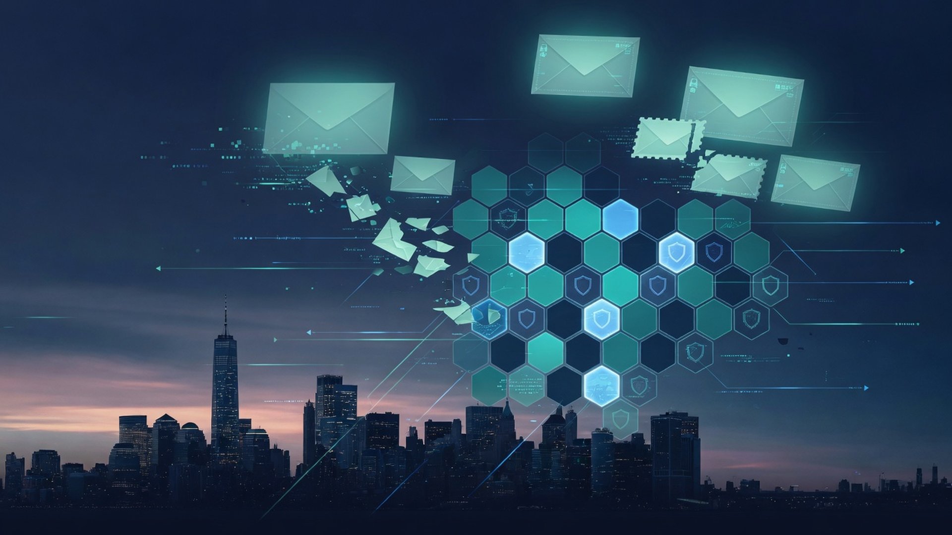 Abstract navy and teal mail security lattice with soft envelope shapes and light paths over a muted dusk skyline — no people, logos, or text
