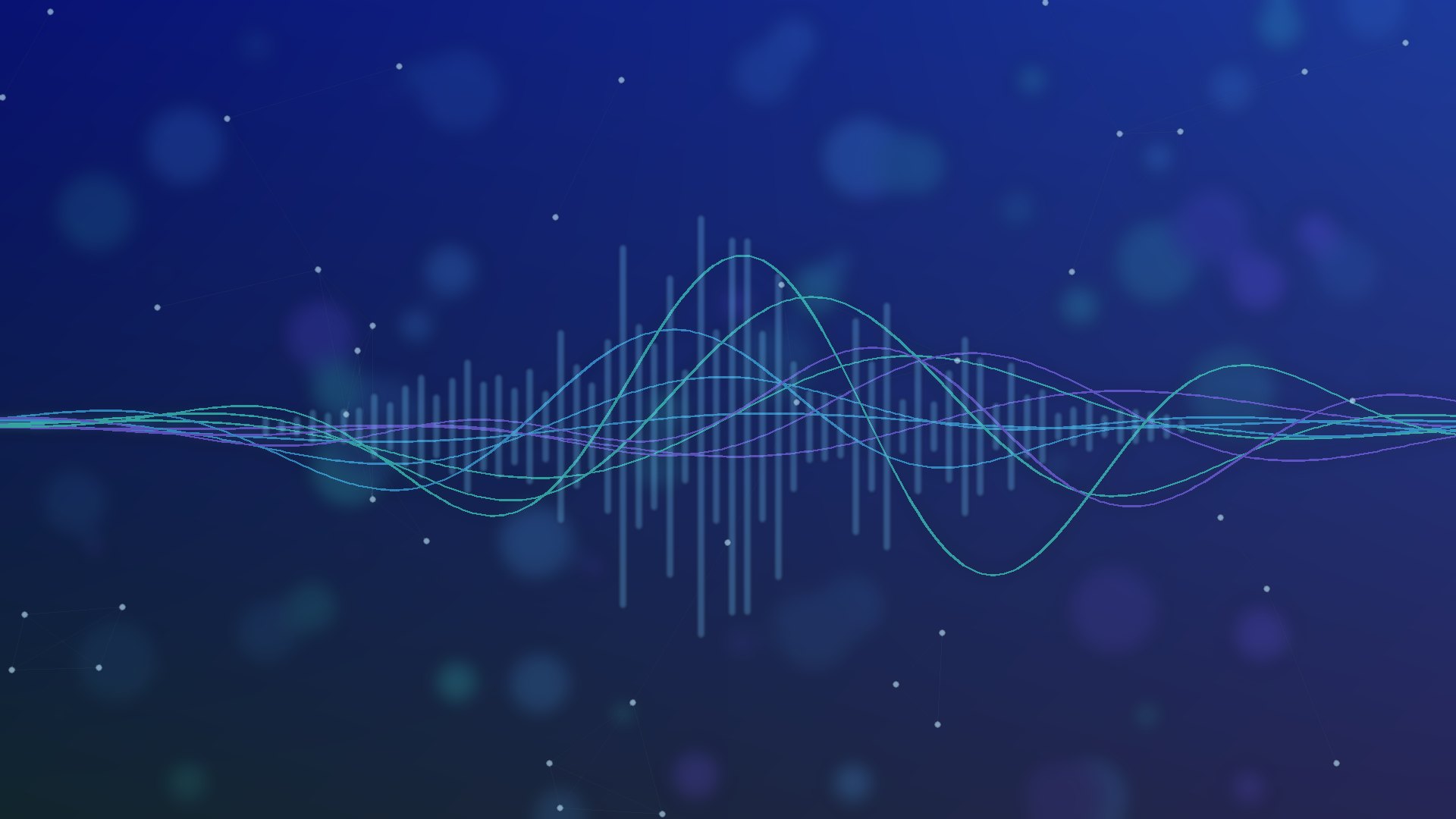 Abstract blue and teal voice waveform with connected network nodes representing an AI voice agent for an internal help desk