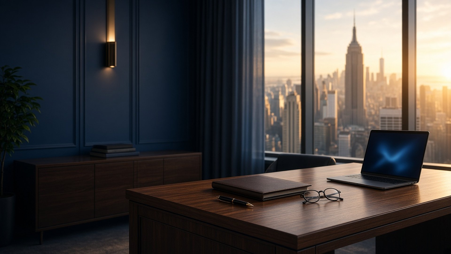 Empty Manhattan financial advisory office at golden hour with a leather portfolio, pen, glasses, and laptop on a walnut desk, skyline beyond the window