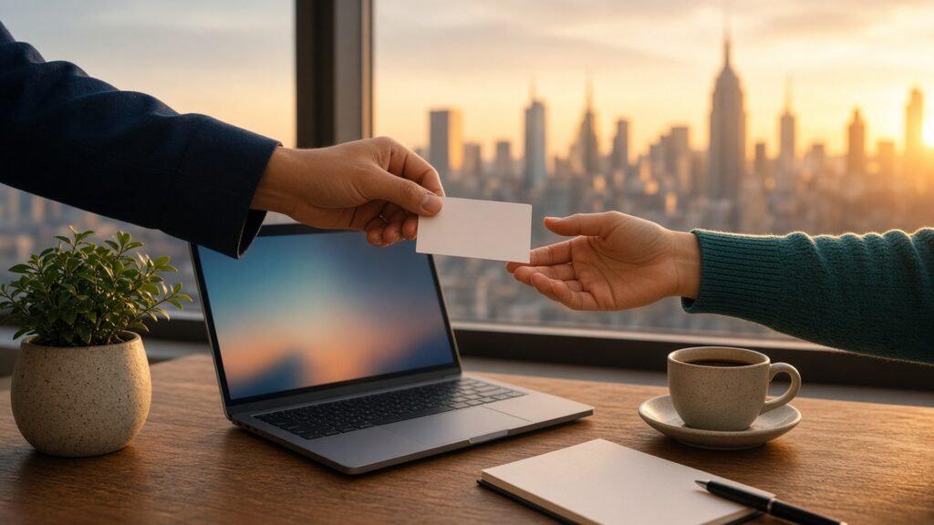 Two hands passing a blank business card across a wooden desk with a laptop, coffee cup, and plant in front of a sunset New York City skyline, representing a warm IT referral
