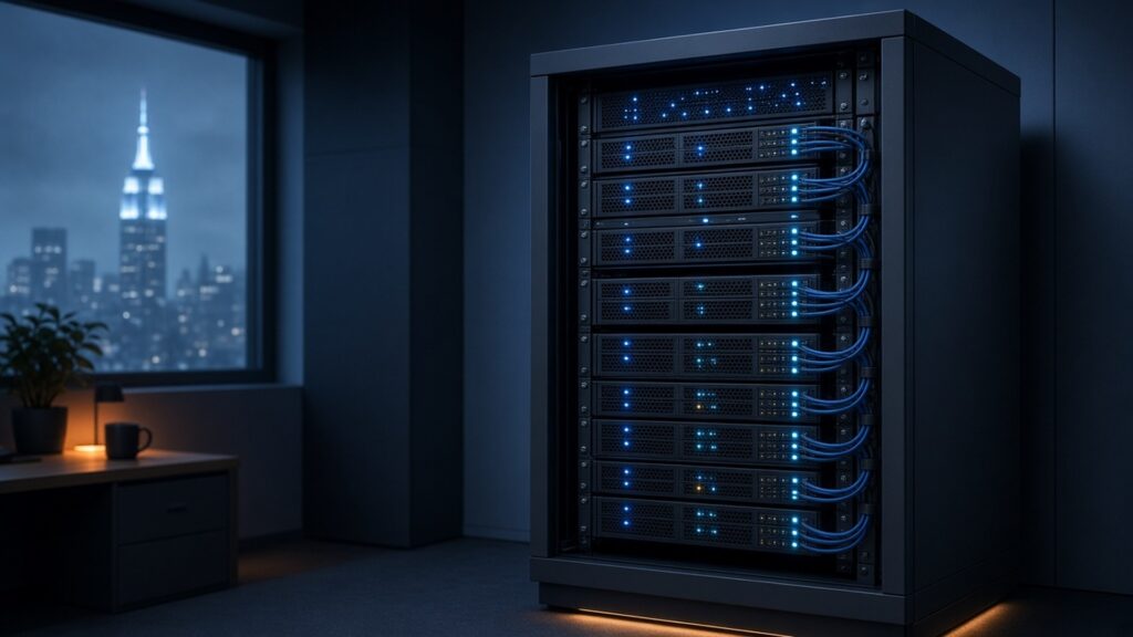 Modern on-premises AI server rack with blue status lights in a dim office server room overlooking a night city skyline