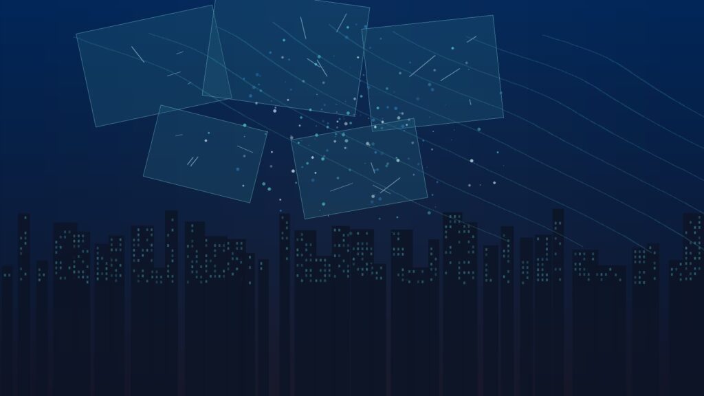 Abstract navy and teal geometric document panes fracturing into light particles over a dusk city skyline, representing a compromised self-hosted document server