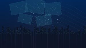 Abstract navy and teal geometric document panes fracturing into light particles over a dusk city skyline, representing a compromised self-hosted document server