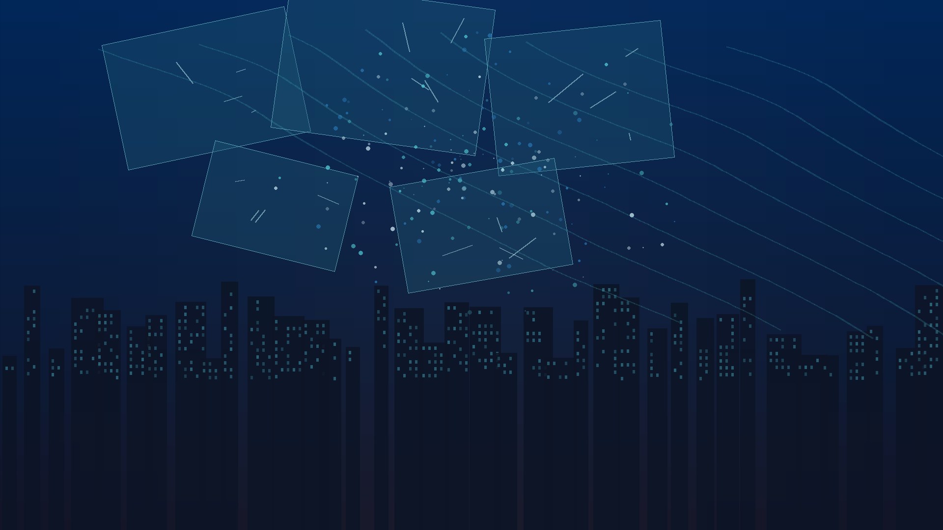 Abstract navy and teal geometric document panes fracturing into light particles over a dusk city skyline, representing a compromised self-hosted document server