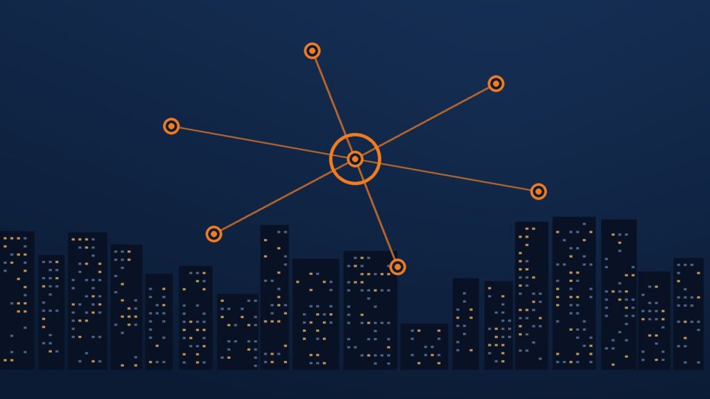 Illustration of a central hub connected to office devices over a New York skyline, showing what is an MSP