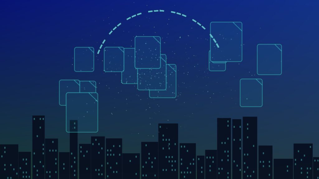 Abstract navy and teal illustration of translucent file icons drifting through a broken protective arc above a dusk city skyline, representing files slipping past Windows security warnings